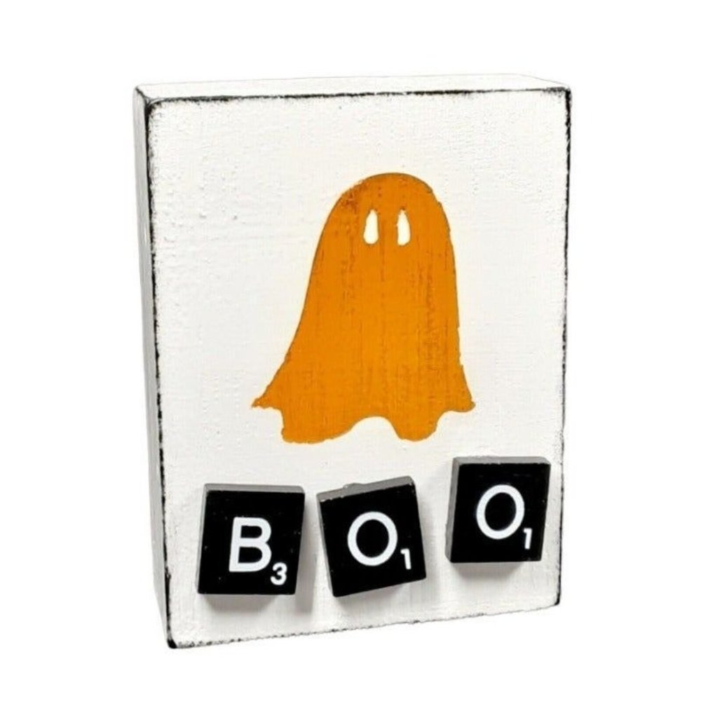 Ghost Boo Wood Block Sign Handmade 4" Reversible Halloween Tiered Tray Decor